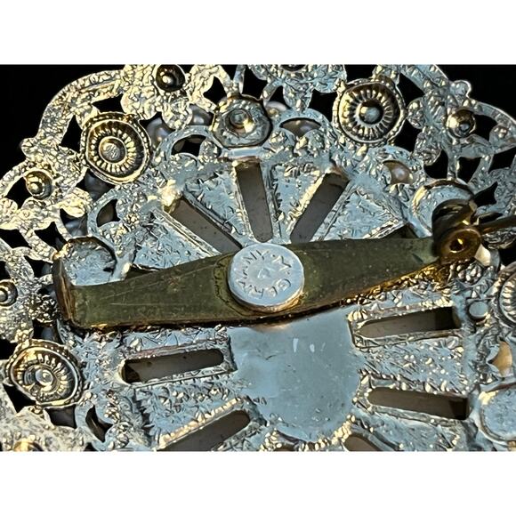 VTG Cameo Filigree Brooch West Germany Silver Tone Beaded Read - Picture 6 of 6